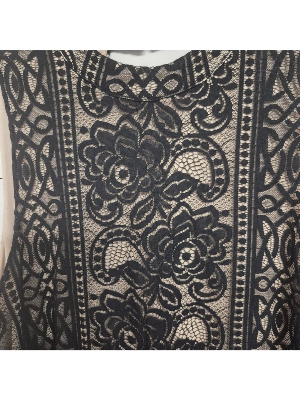 Love Fire Black Lace Sleeveless Dress With Nude Lining Floral Pattern High Neck - Picture 5 of 6
